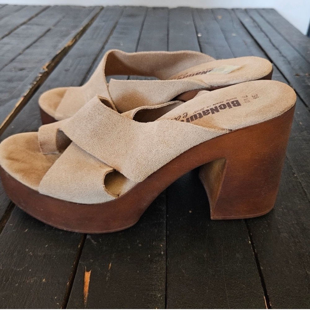 BioNatura Women's 38 7.5 Beige Suede Leather Platform Sandals Block Heel Chunky